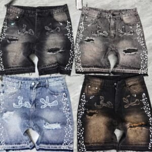 Men’s Distressed Diamond Denim Shorts – Baggy Acid Wash (2)
